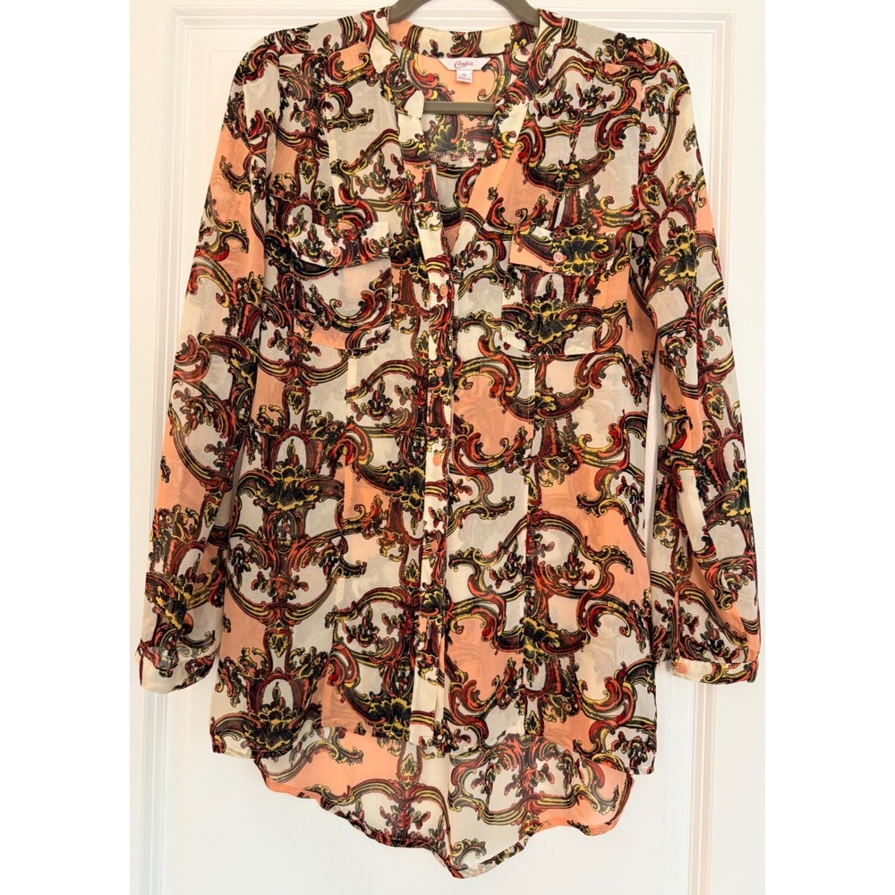 Candies Sheer Baroque Paisley Tunic Blouse M Peach Coral Y2K Boho EUC